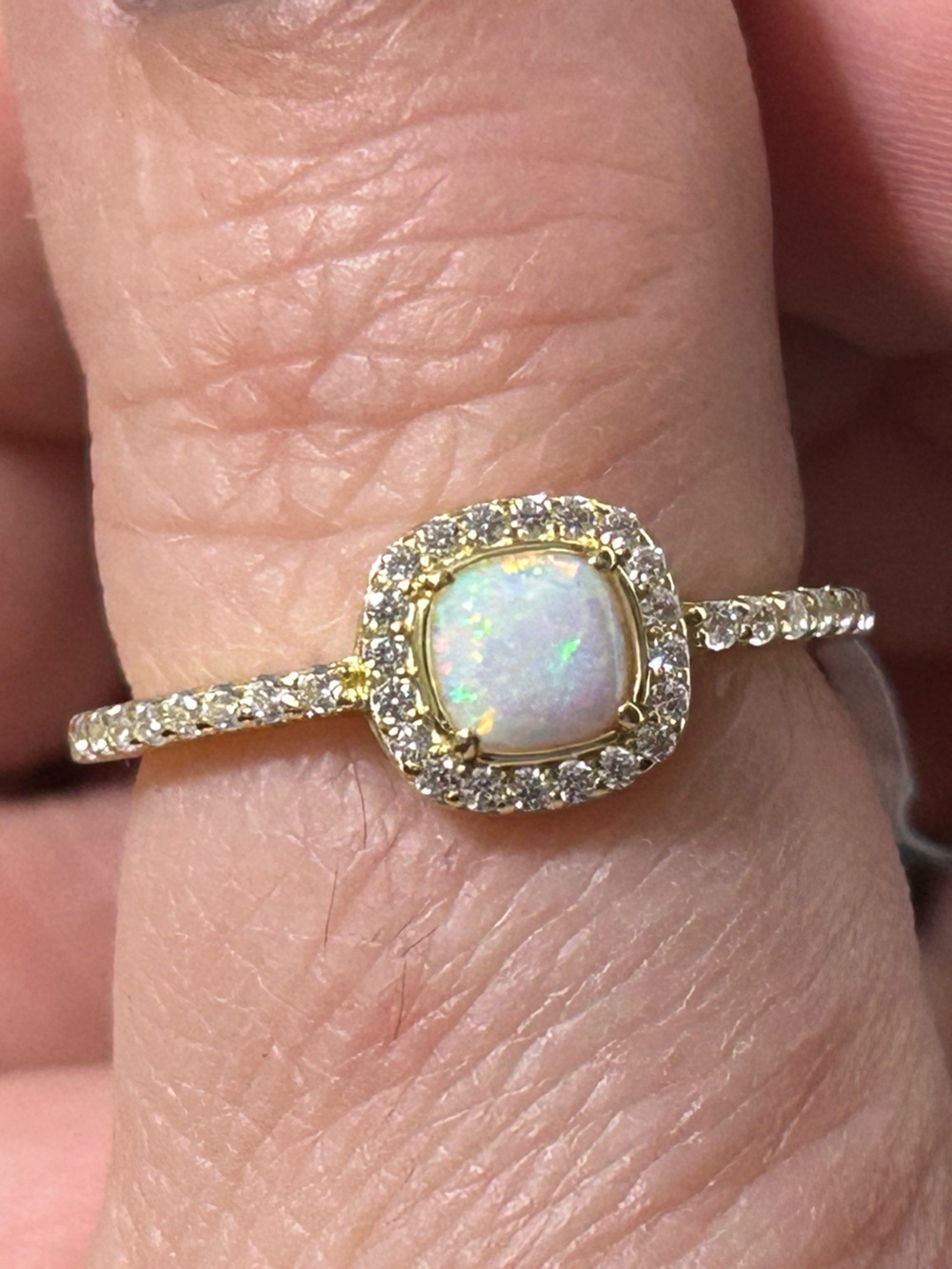 Gold over Sterling Lab Opal Halo Ring with Diamond Accents size 8 NWT
